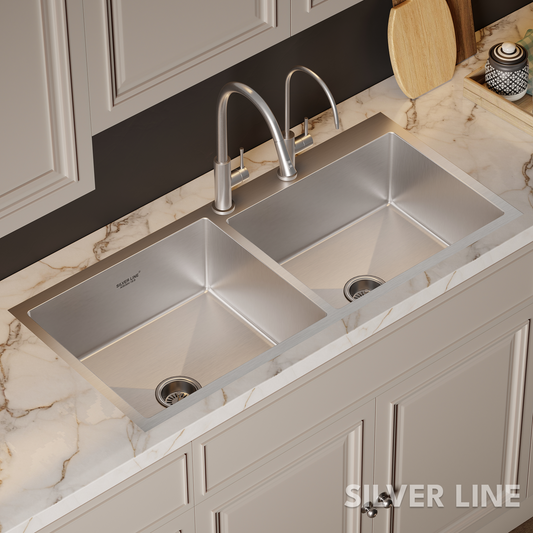 Handmade Double Bowl with Faucet Deck 304 Grade Kitchen Sink (45" x 20" x 9")