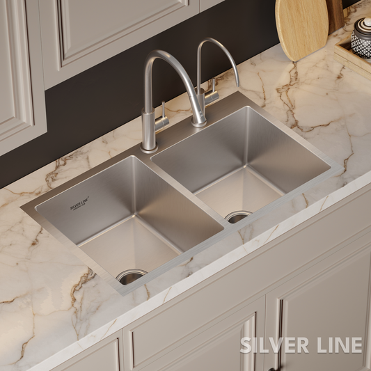 Handmade Double Bowl with Faucet Deck 304 Grade Kitchen Sink (34" x 20" x 9")