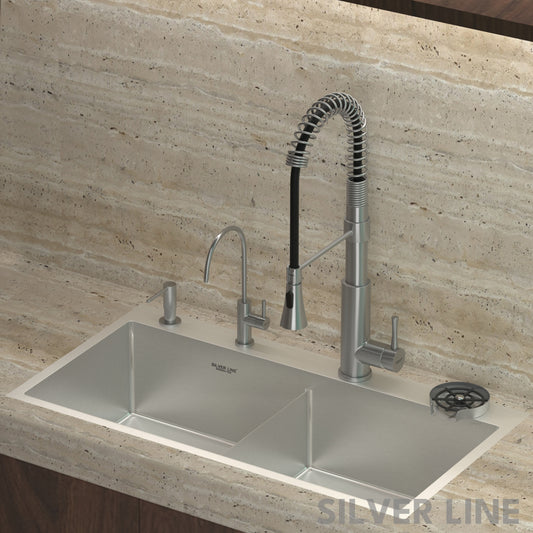 Spiral Coil High-arc Pull-Down Kitchen Sink Faucet with Two-Function Spray Head - Silver Line
