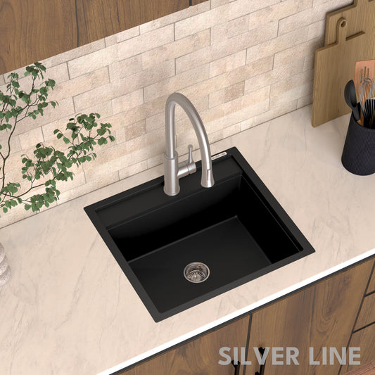 German Quartz Single Bowl Kitchen Sink with Faucet Deck- Midnight Black (22" x 20" x 8")