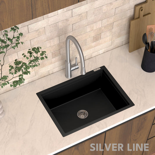 German Quartz Single Bowl Kitchen Sink - Midnight Black (24" x 18" x 8")