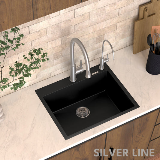German Quartz Single Bowl Kitchen Sink with Faucet Deck- Midnight Black (24" x 20" x 9")