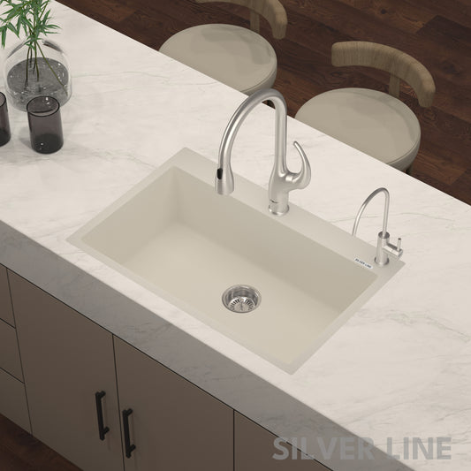 German Quartz Single Bowl Kitchen Sink with Faucet Deck- Ivory (31" x 20" x 9")