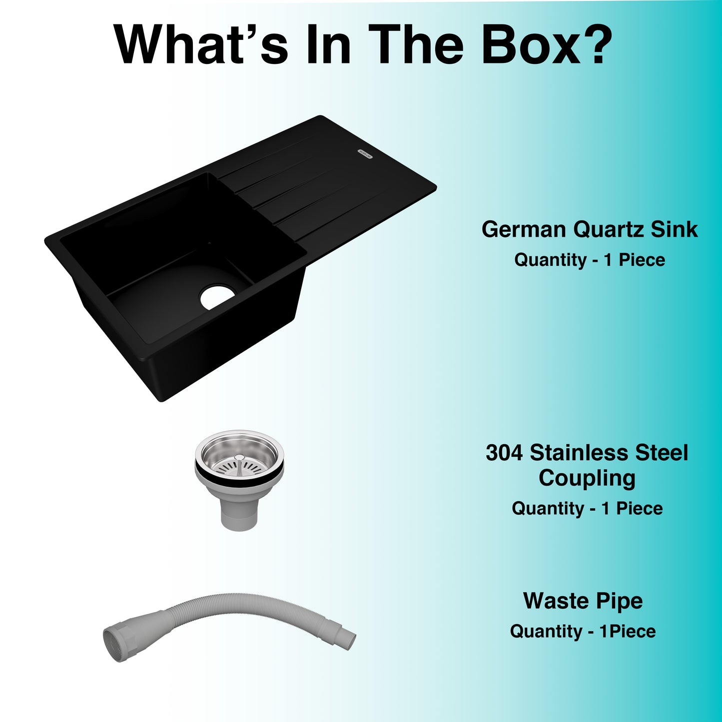 German Quartz Single Bowl Kitchen Sink with Drain Board - Midnight Black (36" x 18" x 9")