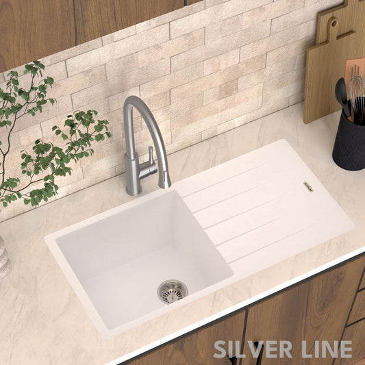 German Quartz Single Bowl Kitchen Sink with Drain Board - Snow White (36" x 18" x 9")
