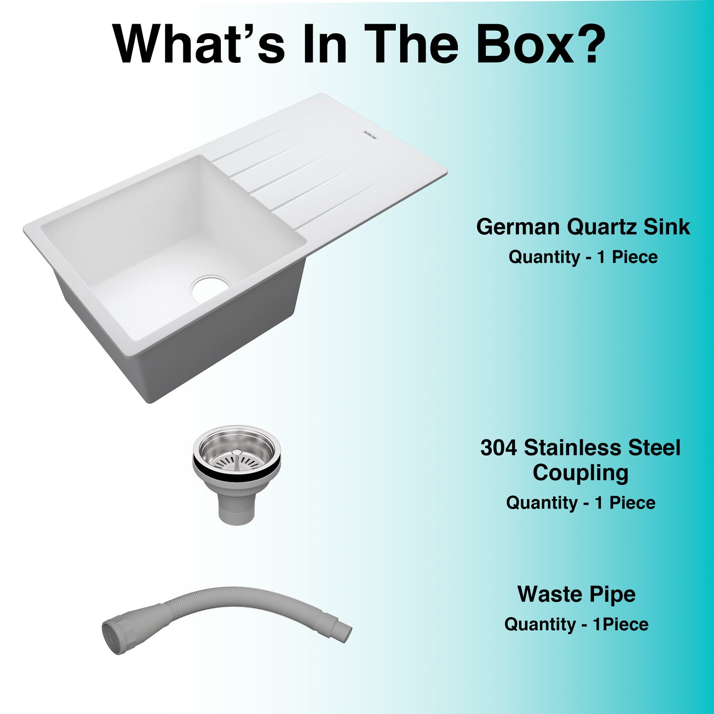 German Quartz Single Bowl Kitchen Sink with Drain Board - Snow White (36" x 18" x 9")