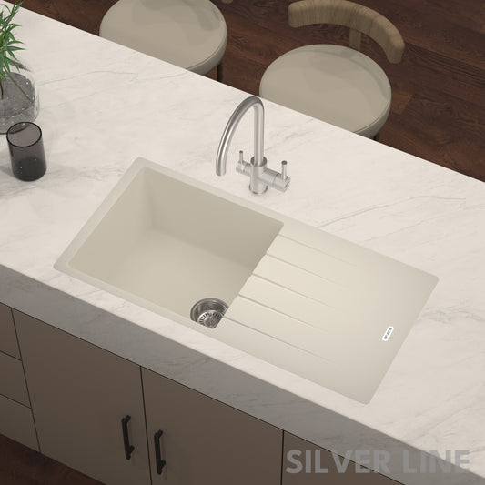German Quartz Single Bowl Kitchen Sink with Drain Board - Ivory (36" x 18" x 9")