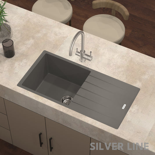 German Quartz Single Bowl Kitchen Sink with Drain Board - Slate (36" x 18" x 9")