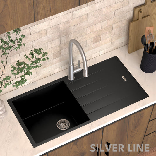German Quartz Single Bowl Kitchen Sink with Drain Board - Midnight Black (40" x 20" x 9")