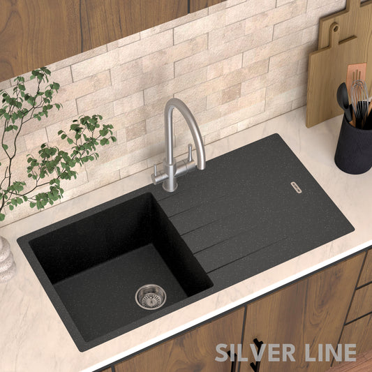 German Quartz Single Bowl Kitchen Sink with Drain Board - Starry Night (40" x 20" x 9")