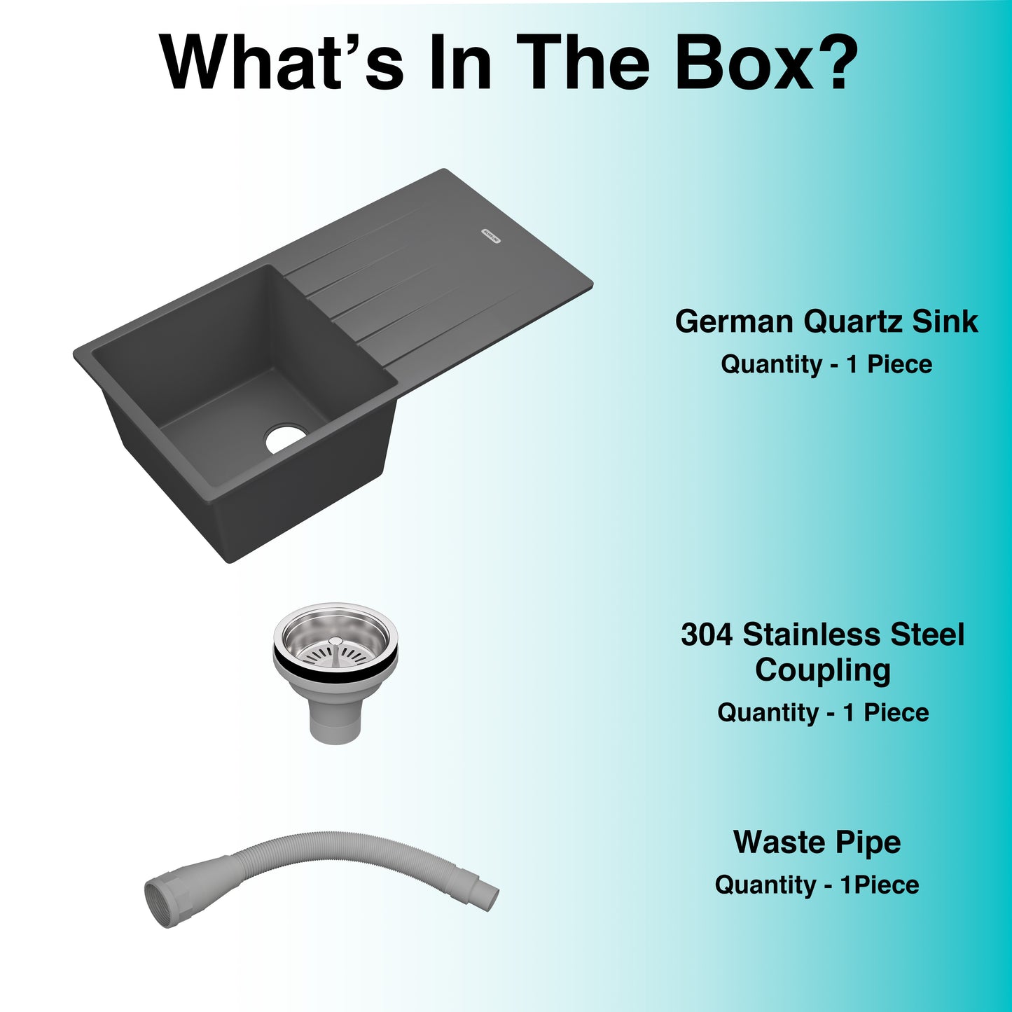 German Quartz Single Bowl Kitchen Sink with Drain Board - Slate (40" x 20" x 9")
