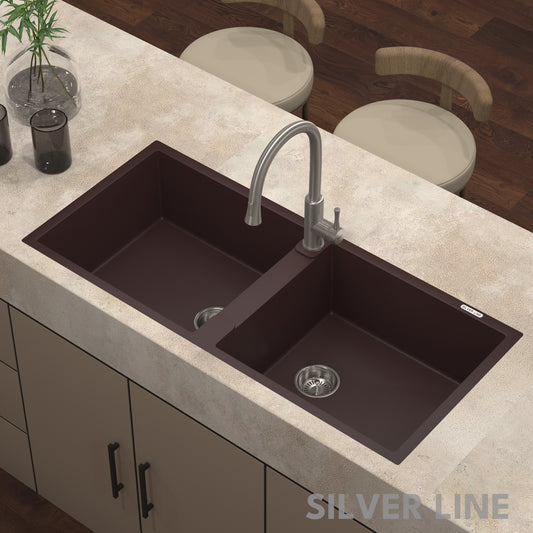 German Quartz Double Bowl Kitchen Sink with Faucet Hole - Coffee (45" x 20" x 9")