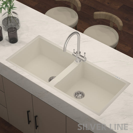 German Quartz Double Bowl Kitchen Sink with Faucet Hole - Ivory (45" x 20" x 9")