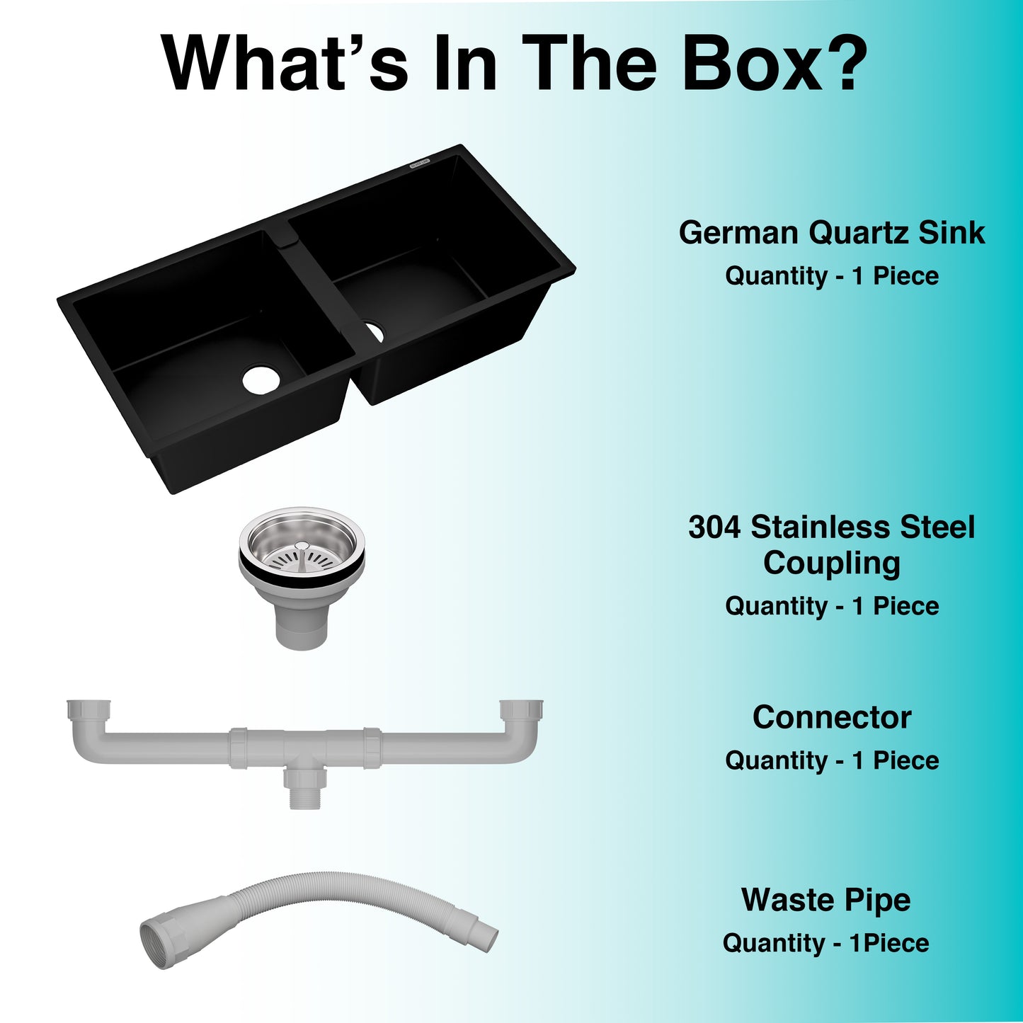 German Quartz Double Bowl Kitchen Sink with Faucet Hole - Midnight Black (45" x 20" x 9")