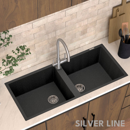 German Quartz Double Bowl Kitchen Sink with Faucet Hole - Starry Night (45" x 20" x 9")