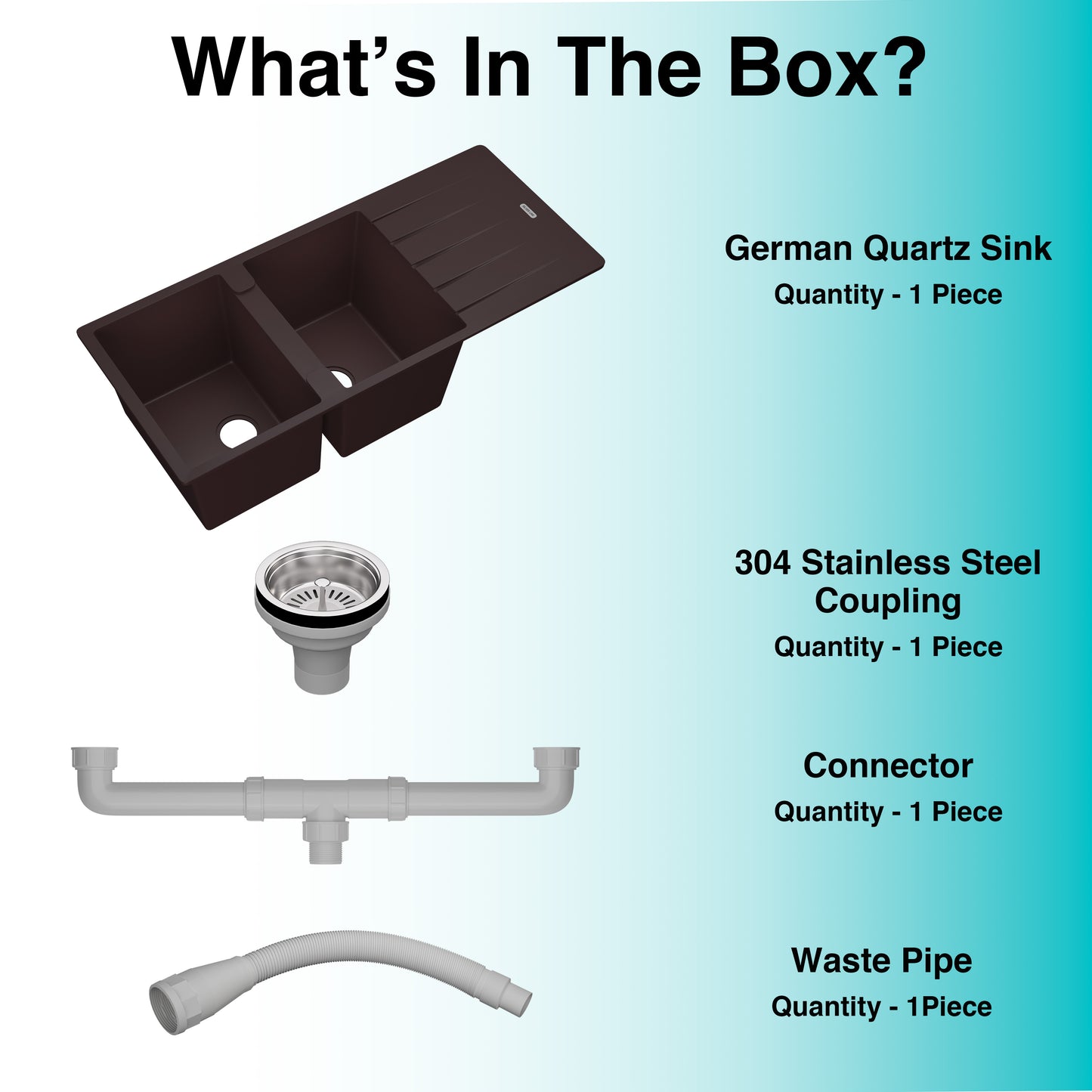 German Quartz Double Bowl Kitchen Sink with Faucet Hole & Drainboard - Coffee (46" x 20" x 9")