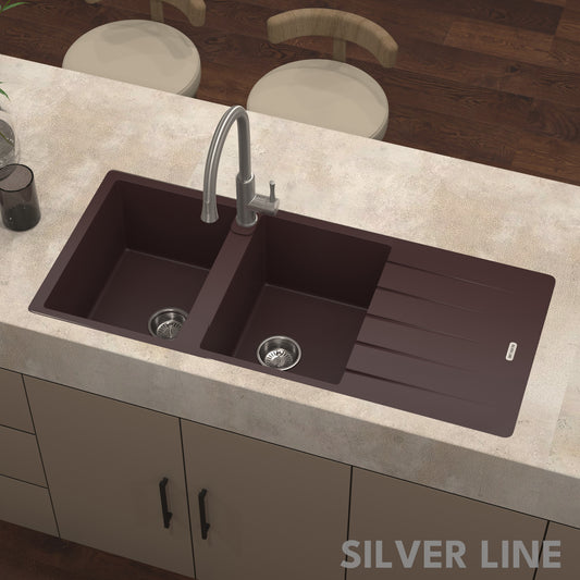 German Quartz Double Bowl Kitchen Sink with Faucet Hole & Drainboard - Coffee (46" x 20" x 9")