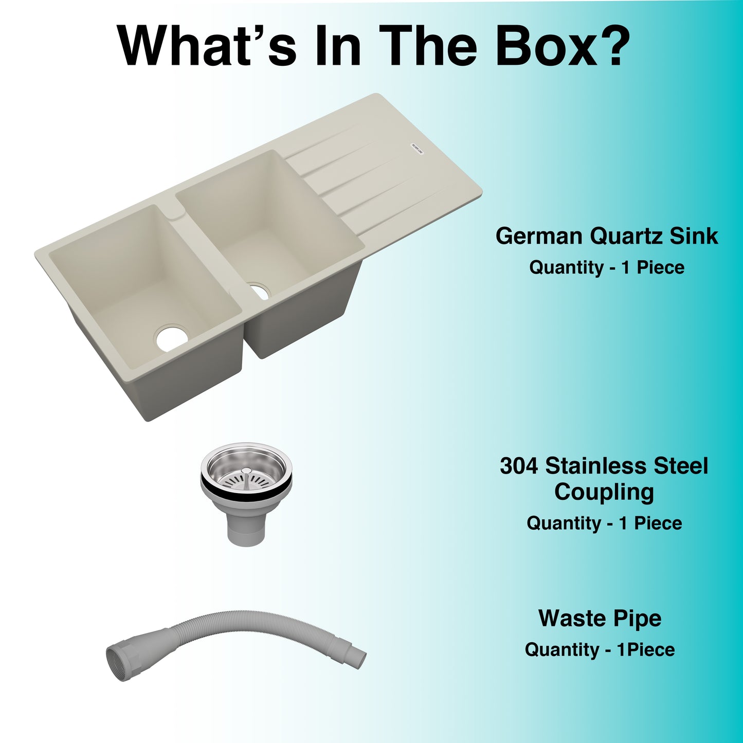 German Quartz Double Bowl Kitchen Sink with Faucet Hole & Drainboard - Ivory (46" x 20" x 9")