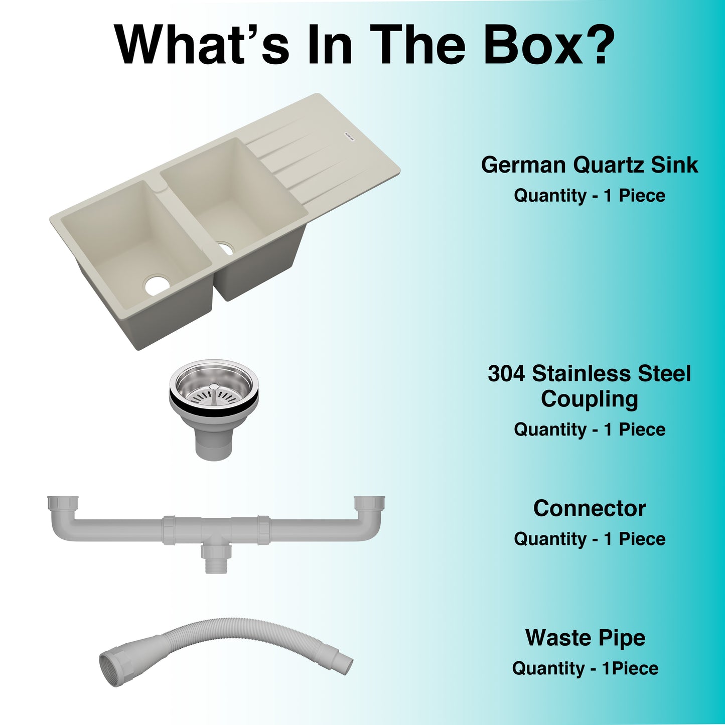 German Quartz Double Bowl Kitchen Sink with Faucet Hole & Drainboard - Ivory (46" x 20" x 9")