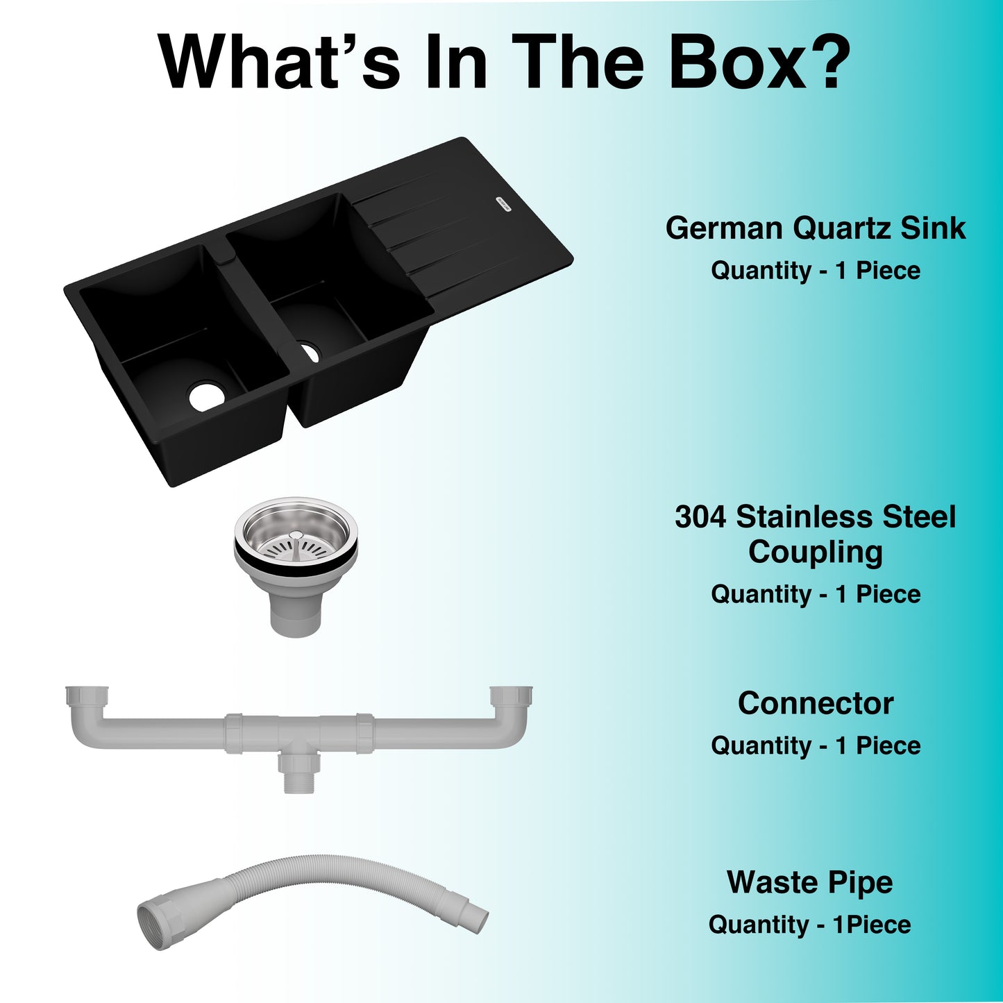 German Quartz Double Bowl Kitchen Sink with Faucet Hole & Drainboard - Midnight Black (46" x 20" x 9")