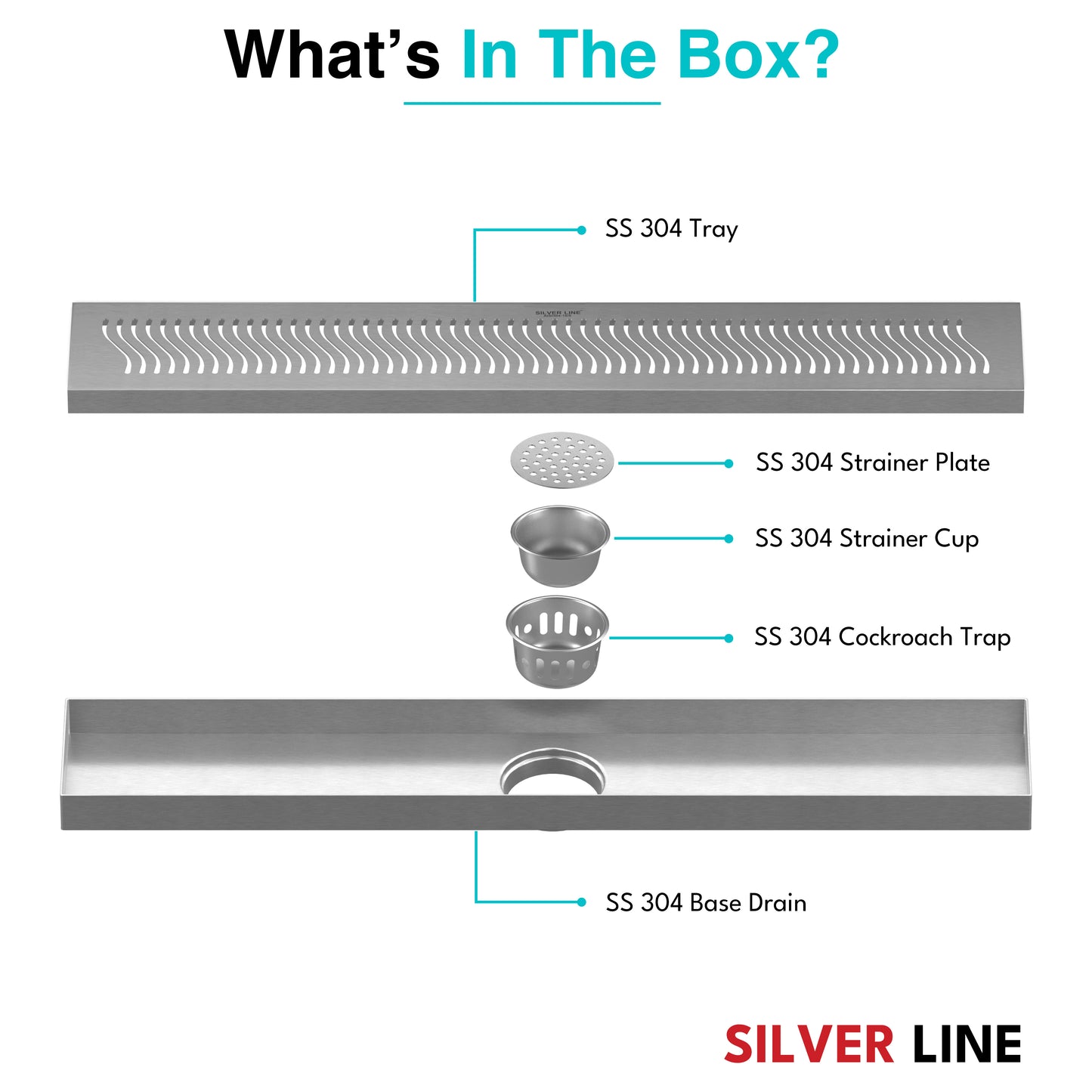 Linear Shower Channel Drain | 304 Stainless Steel | Wave Pattern Grating with Cockroach Trap - Silver Line