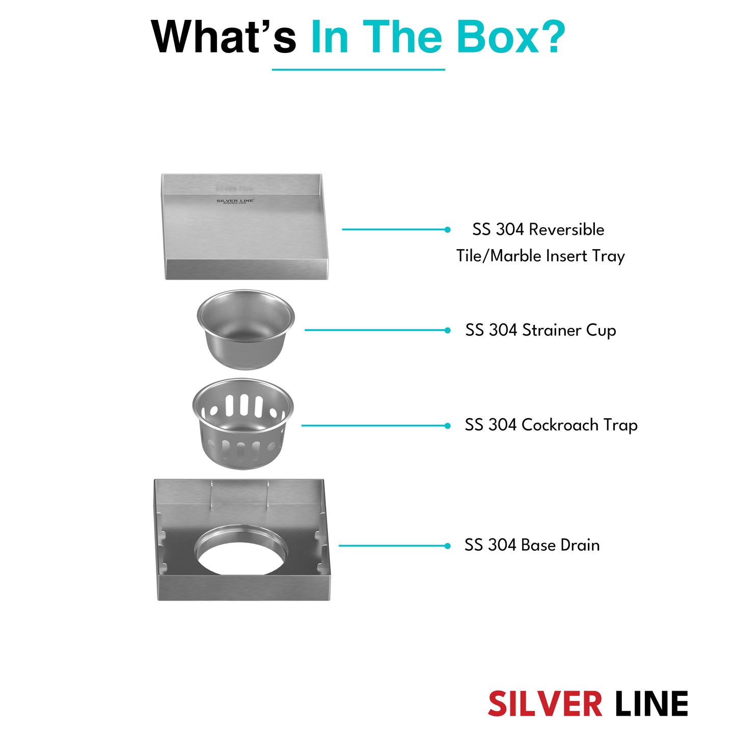 Tile Insert Floor Drain | 304 Stainless Steel | Invisible Drain with Cockroach Trap - Silver Line