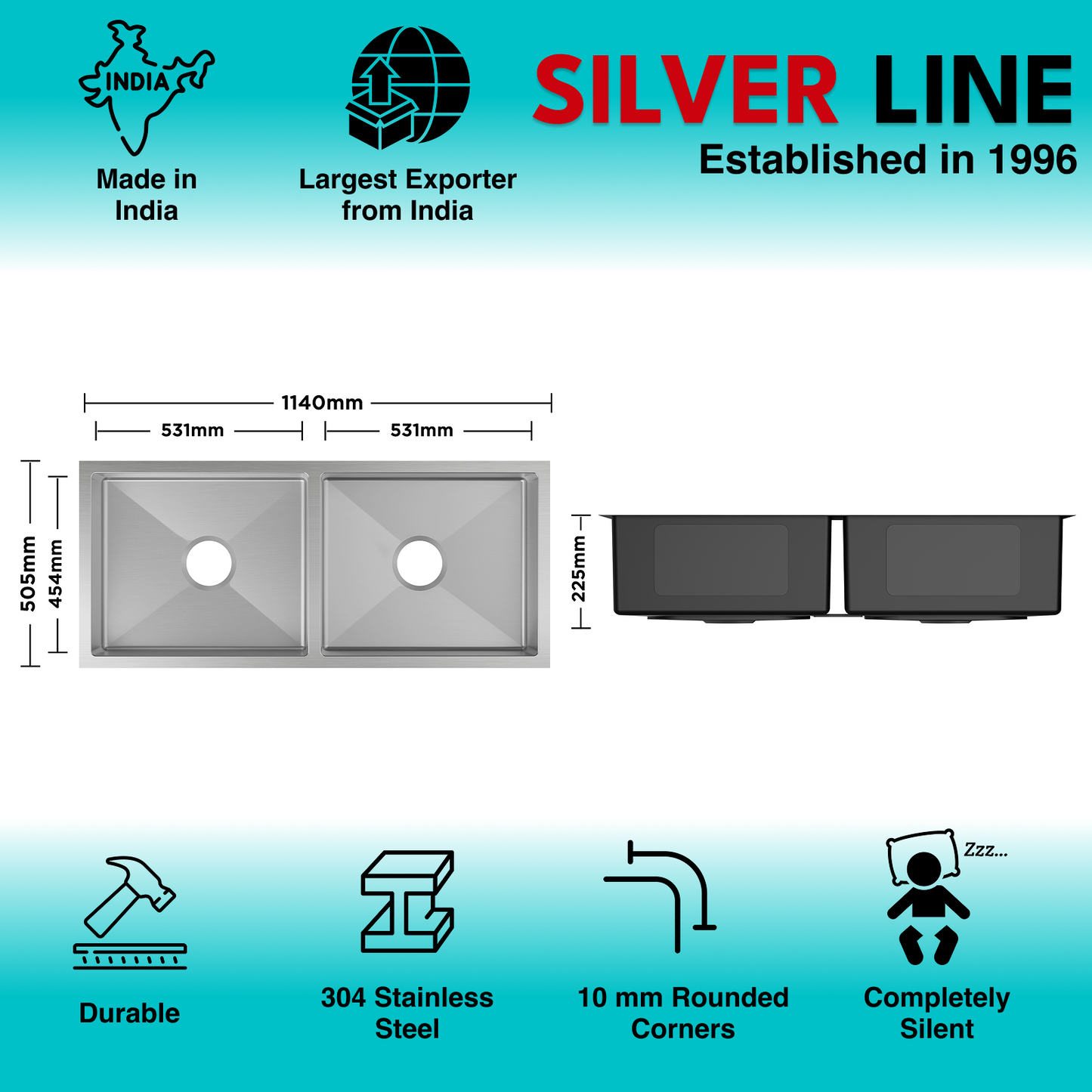 Handmade Double Bowl 304 Grade Kitchen Sink (45" x 20" x 9")