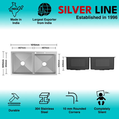 Handmade Double Bowl with Faucet Deck 304 Grade Kitchen Sink (40" x 20" x 9")