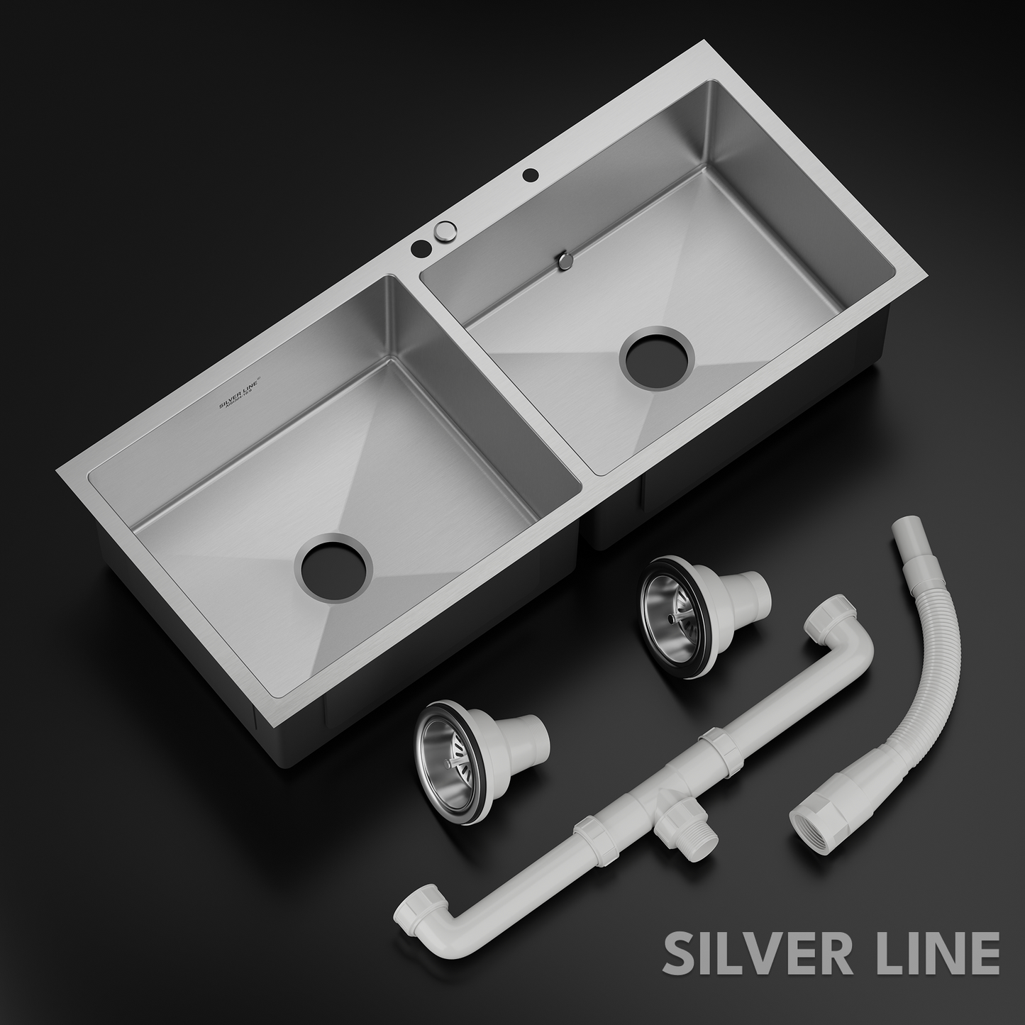 Handmade Double Bowl with Faucet Deck 304 Grade Kitchen Sink (45" x 20" x 9")