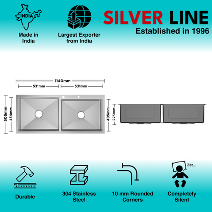 Handmade Double Bowl with Faucet Deck 304 Grade Kitchen Sink (45" x 20" x 9")