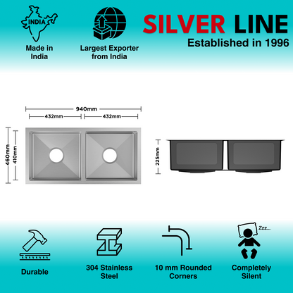 Handmade Double Bowl 304 Grade Kitchen Sink (37" x 18" x 9")