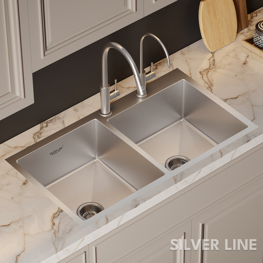 Handmade Double Bowl with Faucet Deck 304 Grade Kitchen Sink (37" x 20" x 9")