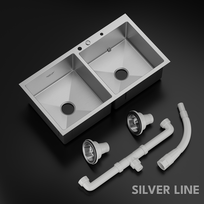 Handmade Double Bowl with Faucet Deck 304 Grade Kitchen Sink (37" x 20" x 9")