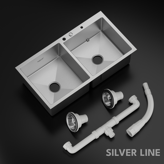 Handmade Double Bowl with Faucet Deck 304 Grade Kitchen Sink (37" x 20" x 9")