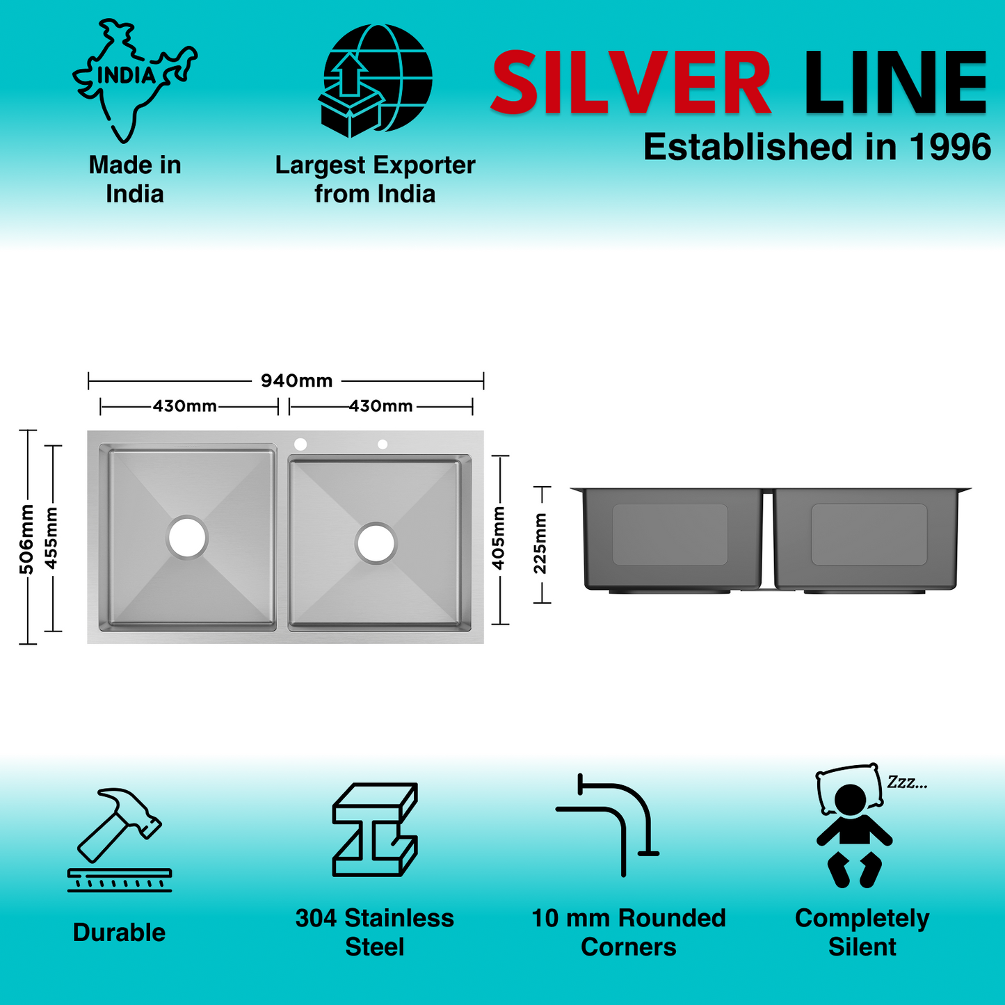 Handmade Double Bowl with Faucet Deck 304 Grade Kitchen Sink (37" x 20" x 9")