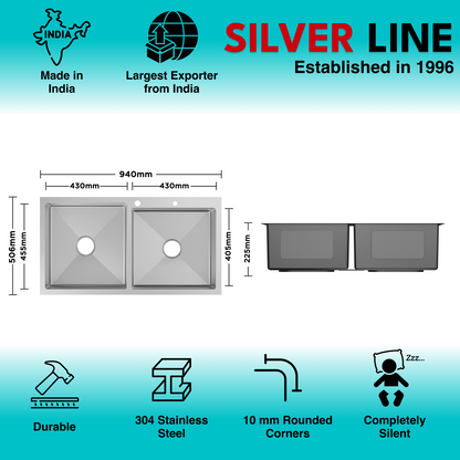 Handmade Double Bowl with Faucet Deck 304 Grade Kitchen Sink (37" x 20" x 9")