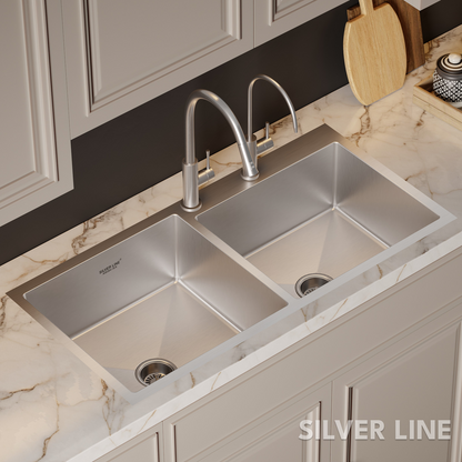 Handmade Double Bowl with Faucet Deck 304 Grade Kitchen Sink (42" x 20" x 9")