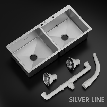 Handmade Double Bowl with Faucet Deck 304 Grade Kitchen Sink (42" x 20" x 9")