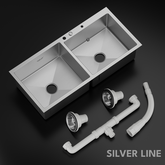 Handmade Double Bowl with Faucet Deck 304 Grade Kitchen Sink (42" x 20" x 9")