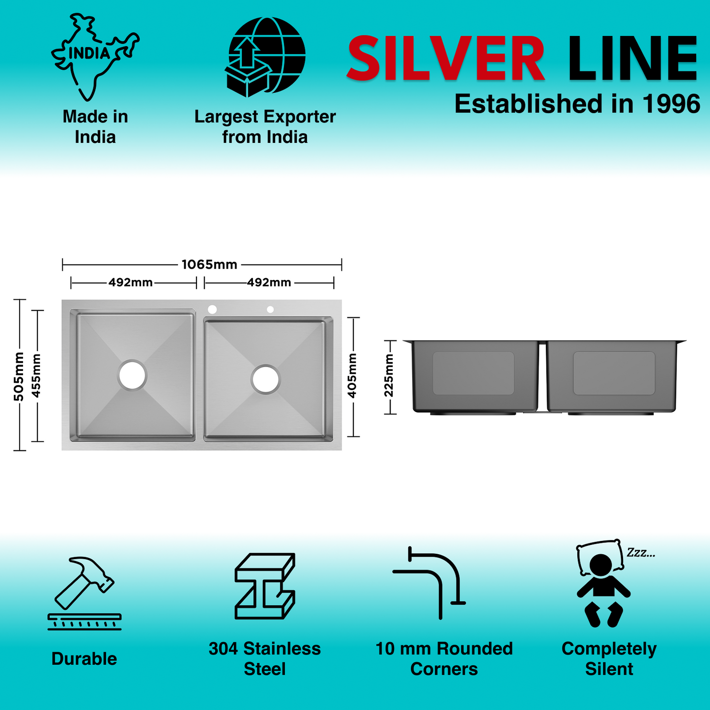 Handmade Double Bowl with Faucet Deck 304 Grade Kitchen Sink (42" x 20" x 9")