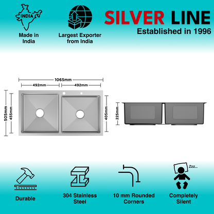Handmade Double Bowl with Faucet Deck 304 Grade Kitchen Sink (42" x 20" x 9")