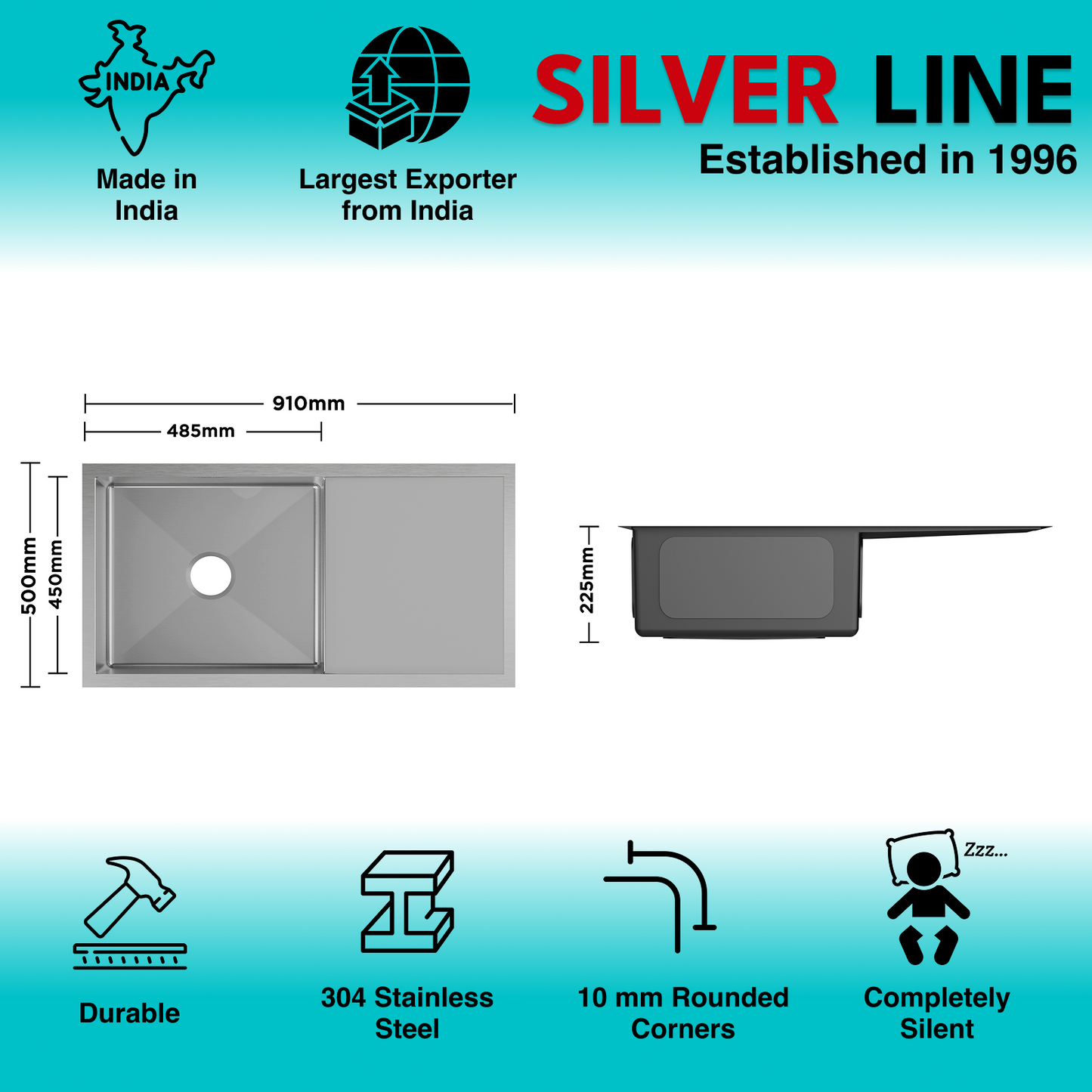 Handmade Single Bowl with Drainboard 304 Grade Kitchen Sink (36" x 20" x 9")