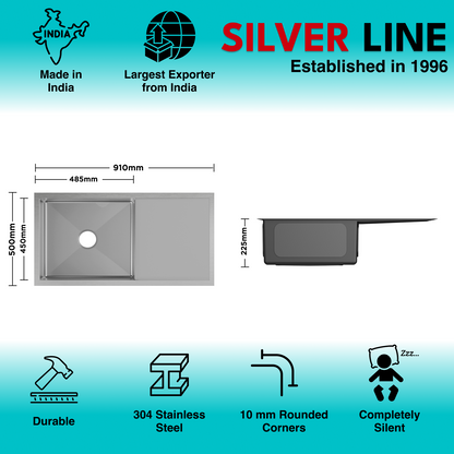 Handmade Single Bowl with Drainboard 304 Grade Kitchen Sink (36" x 20" x 9")