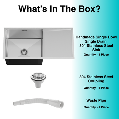 Handmade Single Bowl with Drainboard 304 Grade Kitchen Sink (36" x 20" x 9")