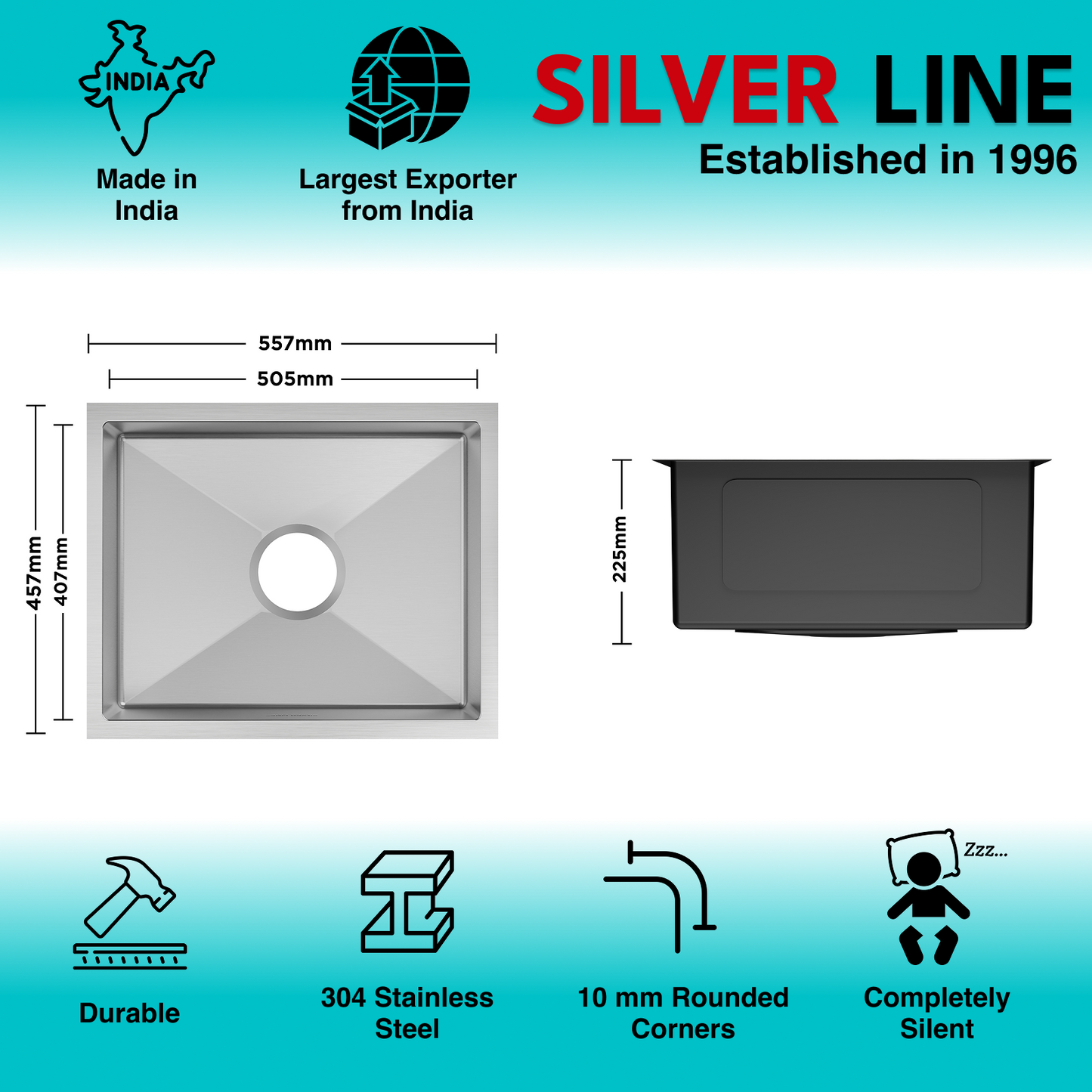 Handmade Single Bowl 304 Grade Kitchen Sink (22" x 18" x 9")