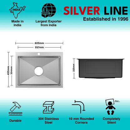 Handmade Single Bowl with Faucet Deck 304 Grade Kitchen Sink (24" x 18" x 9")