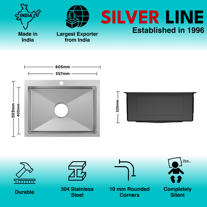 Handmade Single Bowl with Faucet Deck 304 Grade Kitchen Sink (24" x 20" x 9")