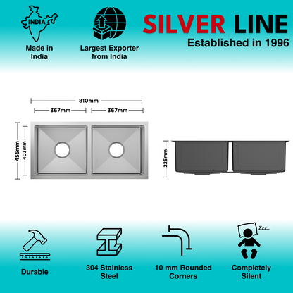 Handmade Double Bowl 304 Grade Kitchen Sink (32" x 18" x 9")