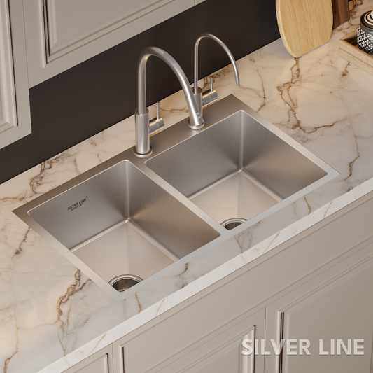 Handmade Double Bowl with Faucet Deck 304 Grade Kitchen Sink (32" x 18" x 9")