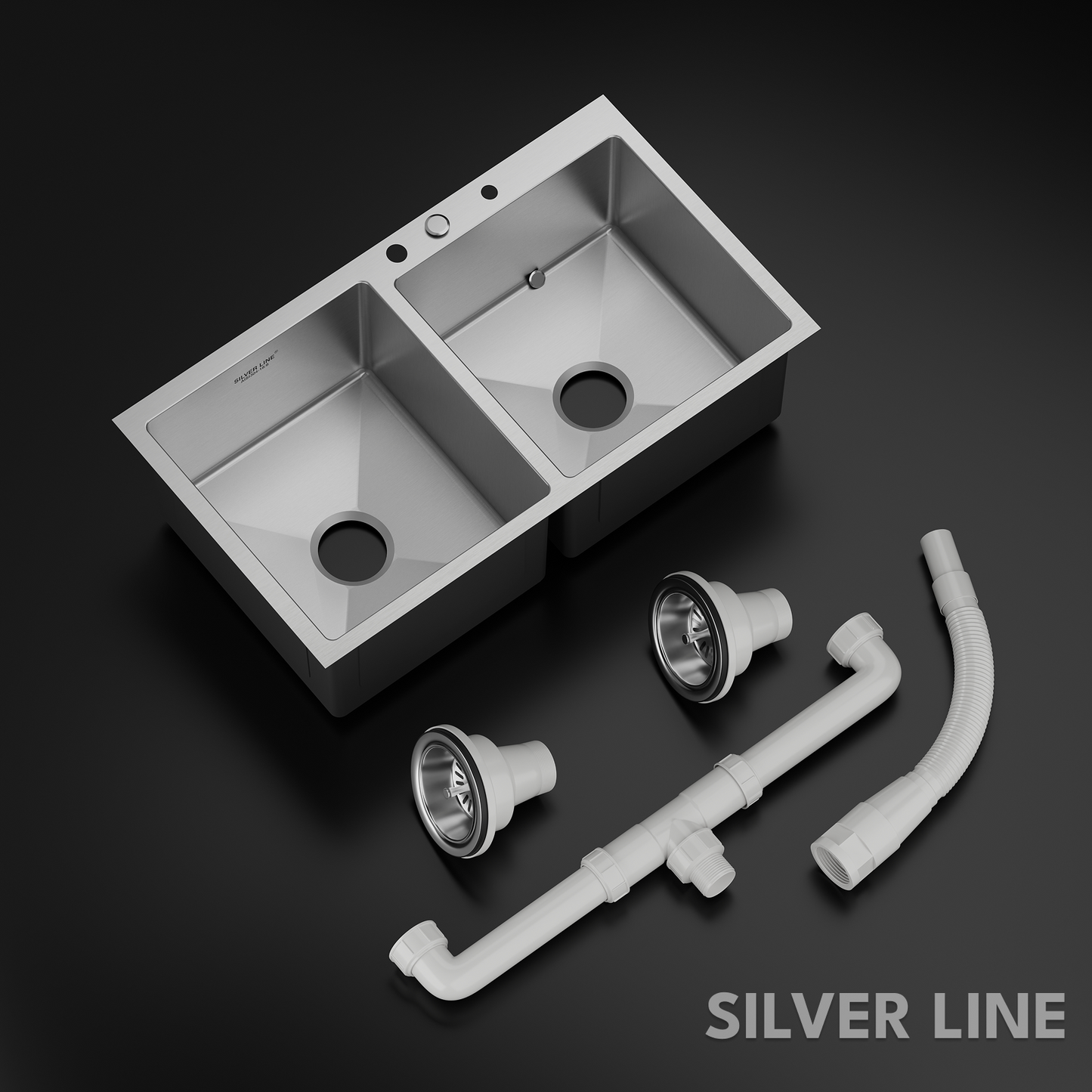 Handmade Double Bowl with Faucet Deck 304 Grade Kitchen Sink (32" x 18" x 9")